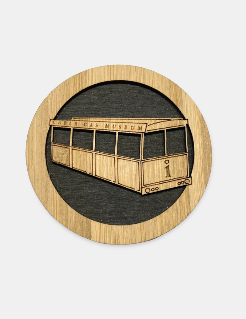Cable Car Bamboo and Wood Magnet Round - Black