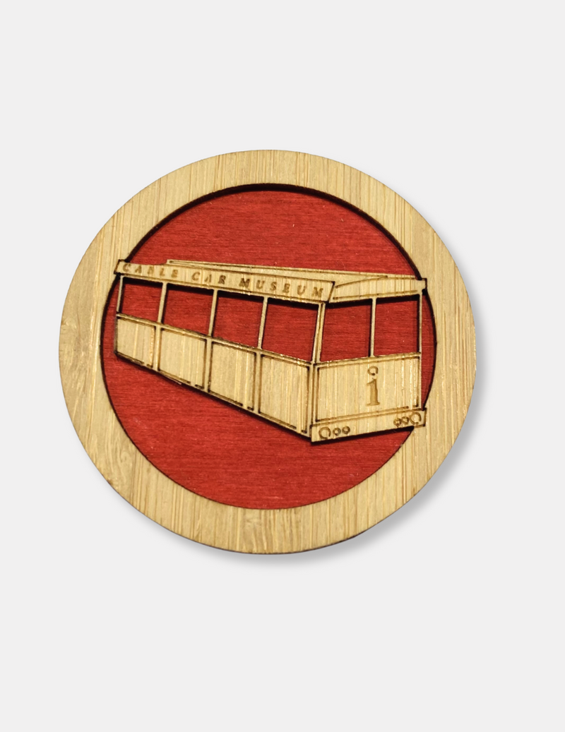 Cable Car Bamboo and Wood Magnet Round - Red