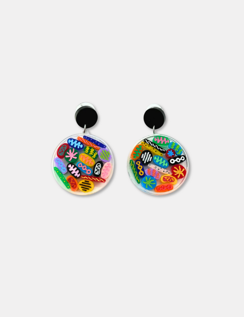 Petri Dish Earrings with Tiny Microbes