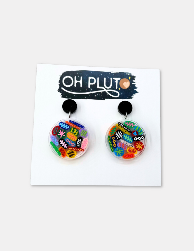 Petri Dish Earrings with Tiny Microbes