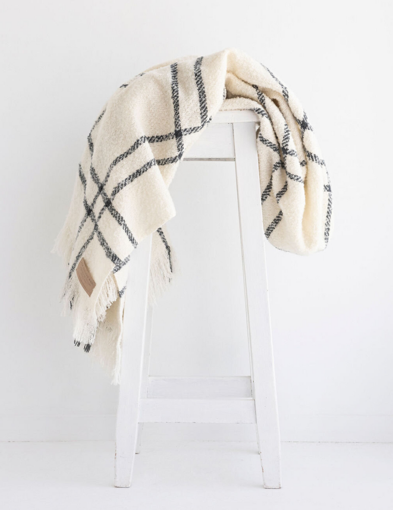 Wool Twill Throw Blanket - Cream Window Check