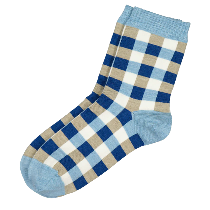 Merino Check Socks - Sky Blue